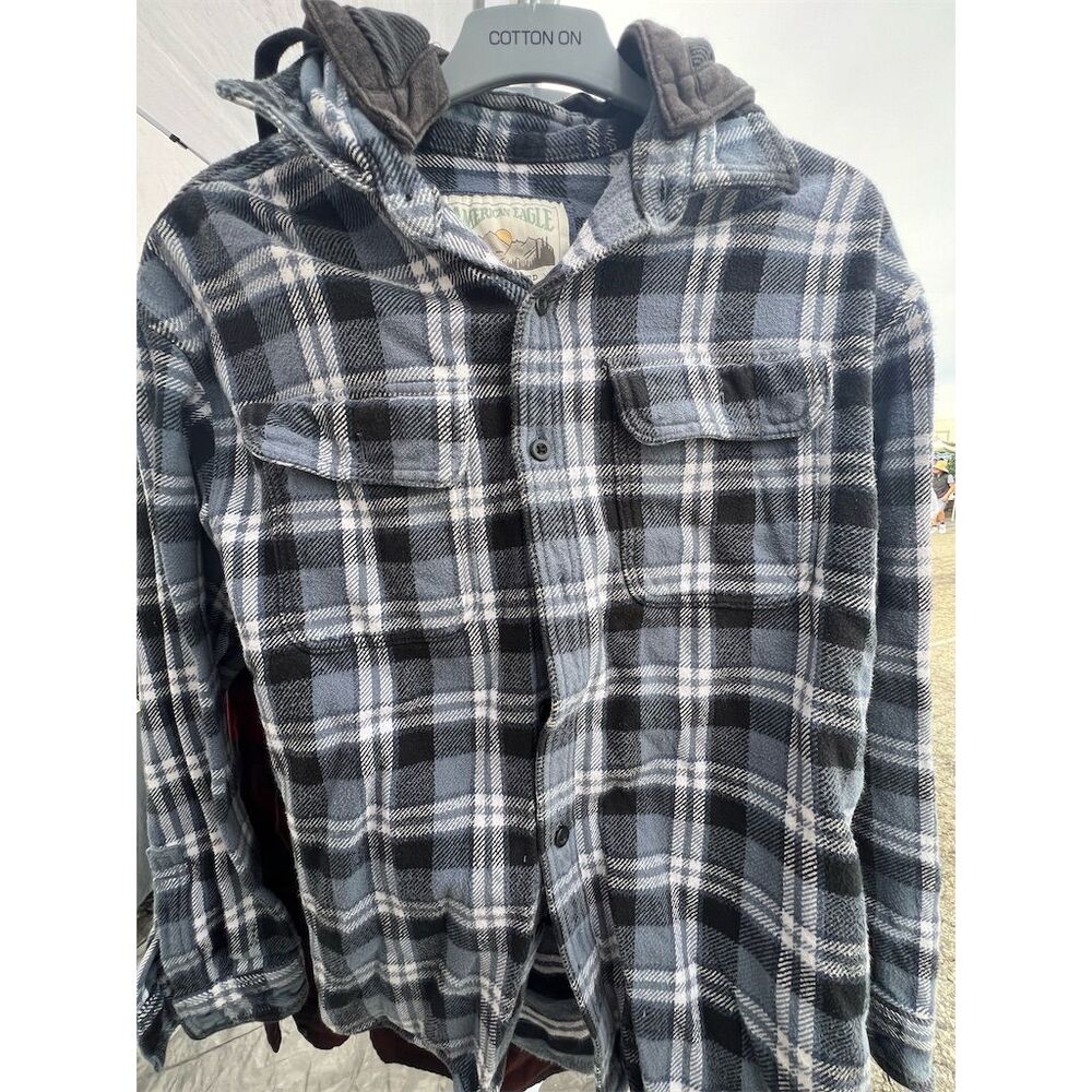 American Eagle Men's Hooded Plaid Flannel Shirt Jacket Black Size S